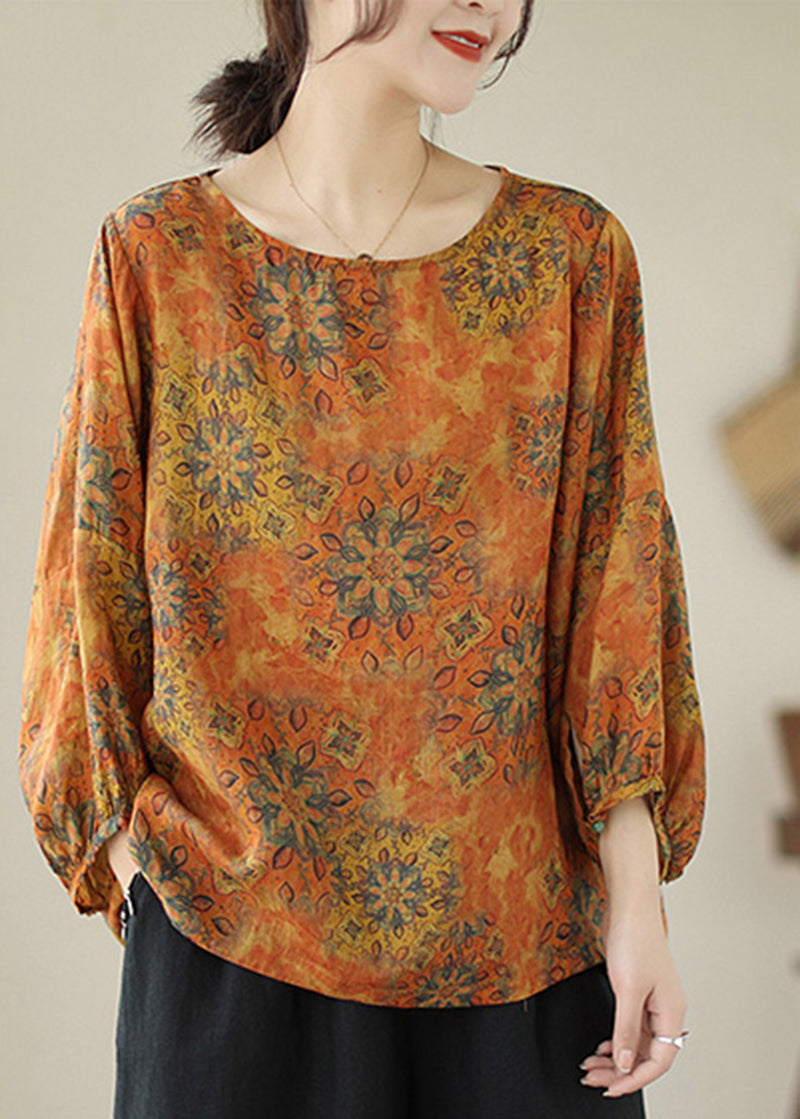 lus Size Orange Oversized Print Cotton Shirt Tops Lantern Sleeve LY5294 - fabuloryshop