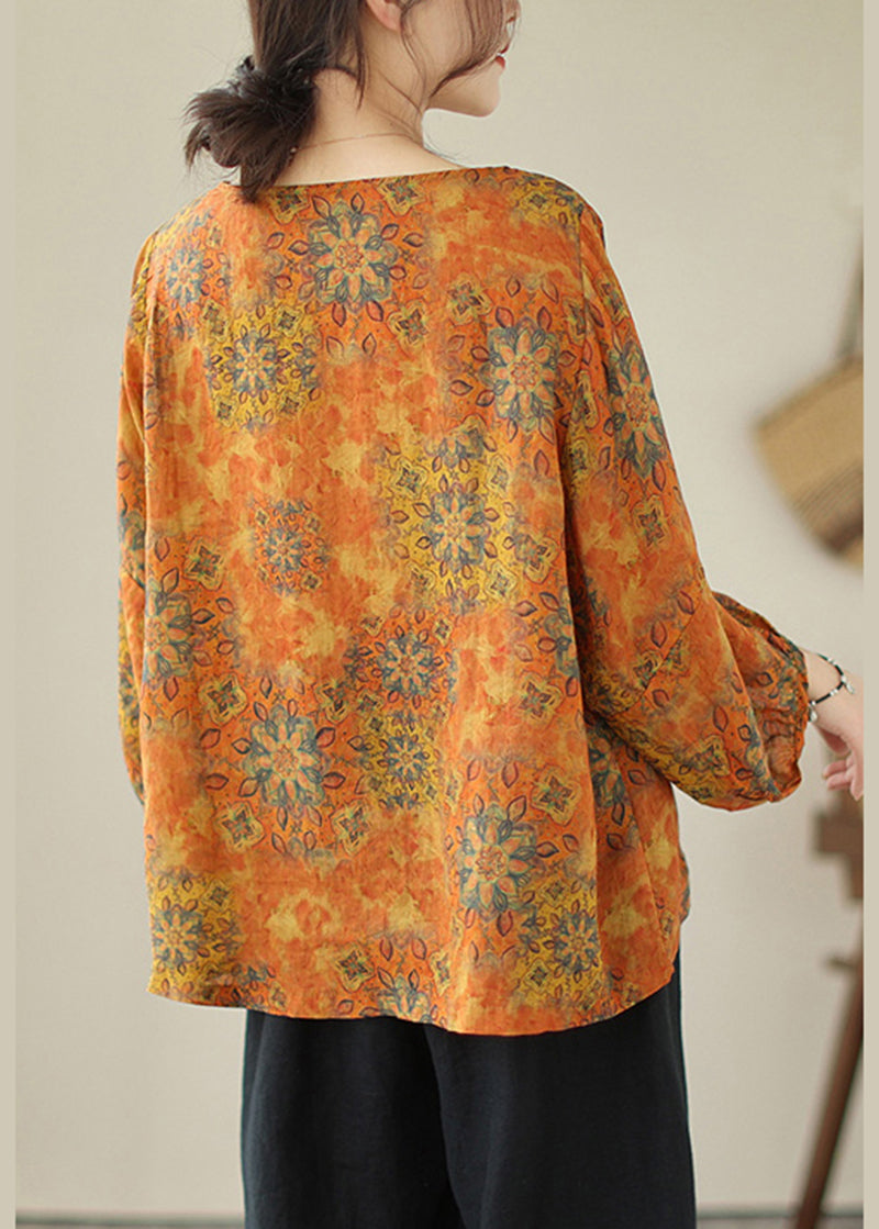 lus Size Orange Oversized Print Cotton Shirt Tops Lantern Sleeve LY5294 - fabuloryshop