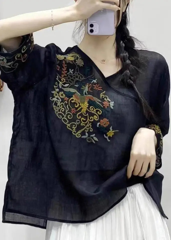 oose Black V Neck Embroideried Patchwork Linen Top Half Sleeve Ada Fashion