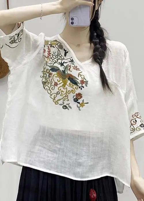 oose Black V Neck Embroideried Patchwork Linen Top Half Sleeve Ada Fashion