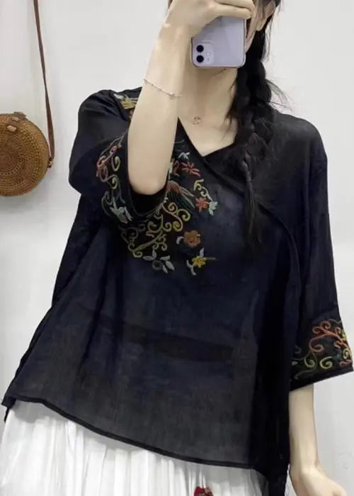 oose Black V Neck Embroideried Patchwork Linen Top Half Sleeve Ada Fashion