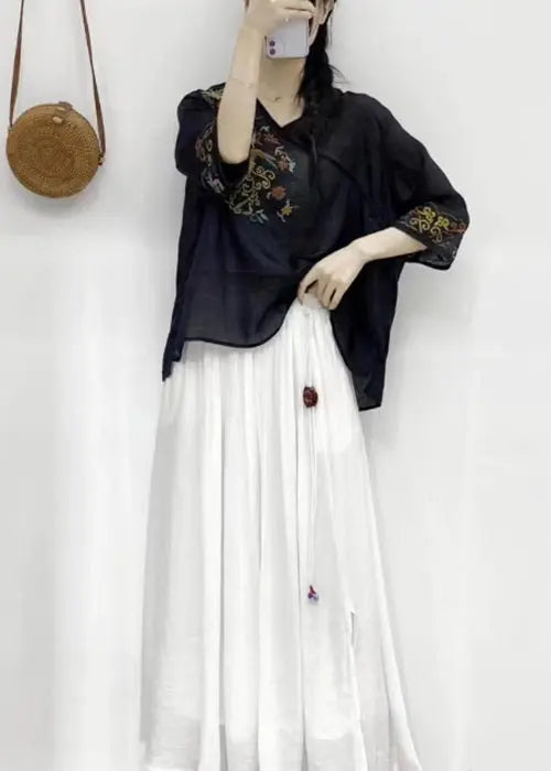 oose Black V Neck Embroideried Patchwork Linen Top Half Sleeve Ada Fashion