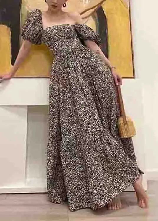 rt Print Square Collar Wrinkled Patchwork Cotton Long Dresses Puff Sleeve Ada Fashion