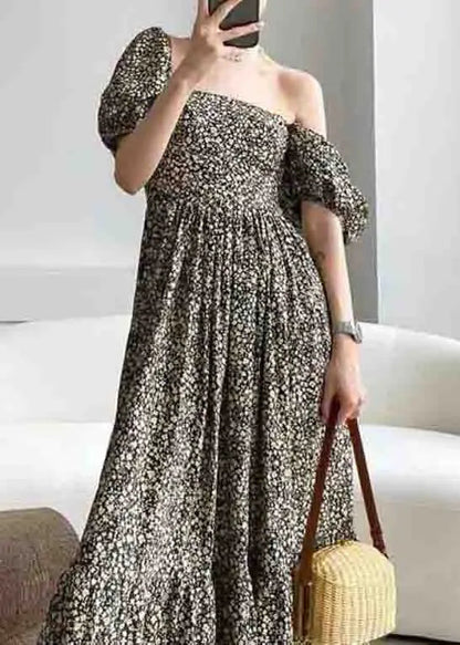 rt Print Square Collar Wrinkled Patchwork Cotton Long Dresses Puff Sleeve Ada Fashion