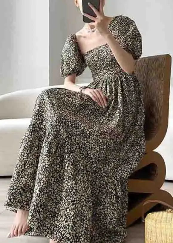 rt Print Square Collar Wrinkled Patchwork Cotton Long Dresses Puff Sleeve Ada Fashion