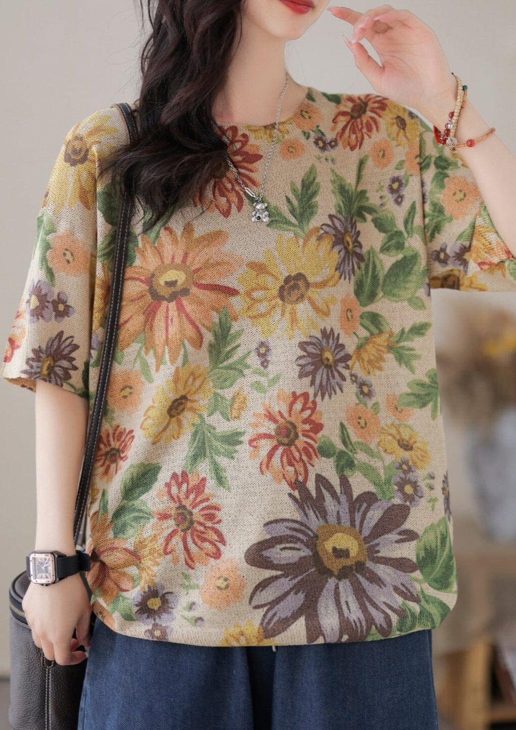 Casual Stylish Floral Print Cotton Knitted T-Shirt LY3922 - fabuloryshop