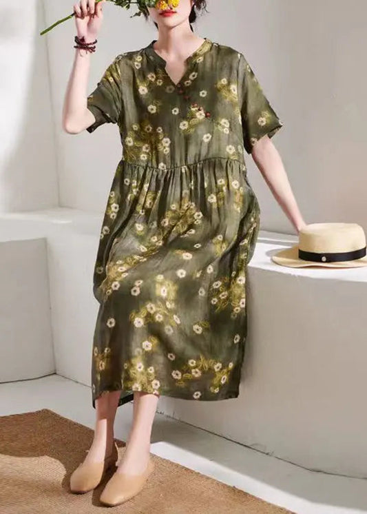 talian Green Print Wrinkled Patchwork Linen Dress Summer Ada Fashion