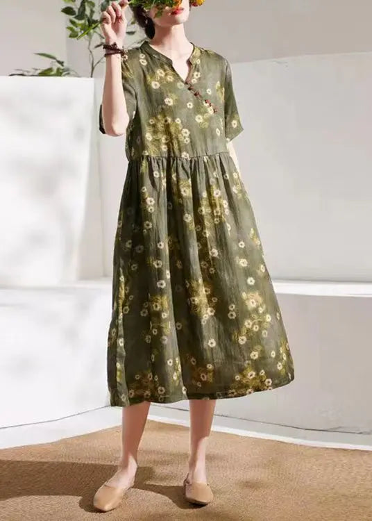 talian Green Print Wrinkled Patchwork Linen Dress Summer Ada Fashion