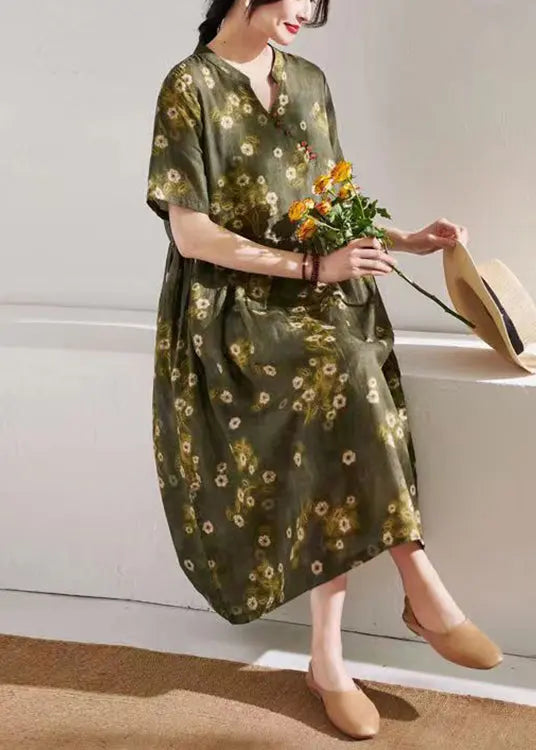 talian Green Print Wrinkled Patchwork Linen Dress Summer Ada Fashion