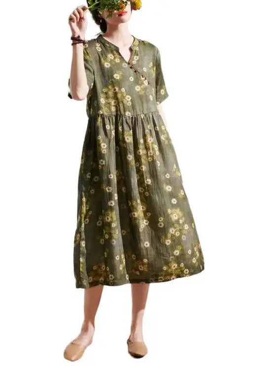 talian Green Print Wrinkled Patchwork Linen Dress Summer Ada Fashion